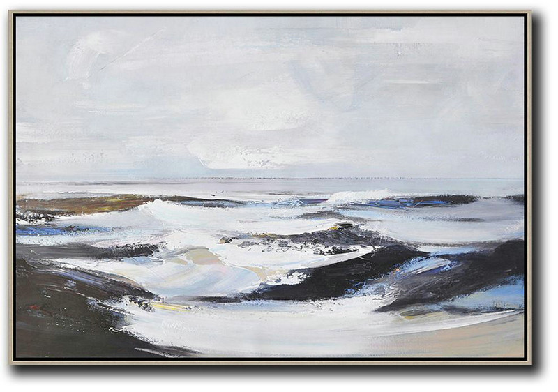 Original Abstract Painting Extra Large Canvas Art,Horizontal Palette Knife Contemporary Art,Extra Large Canvas Painting,White,Grey,Black.etc